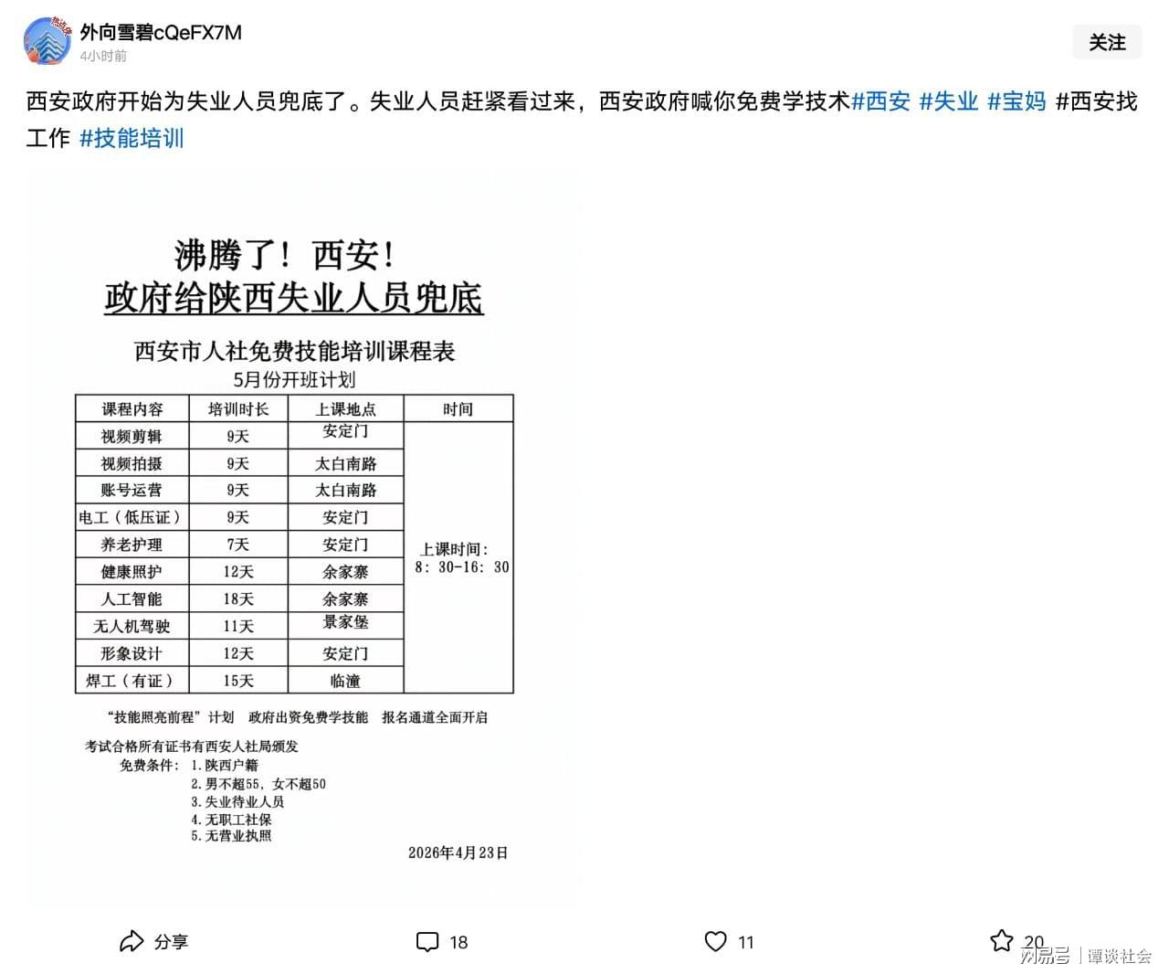 博万体育-笑疯了！西安给失业人员免费培训，评论区太扎心，一点面子都不留